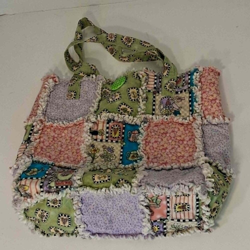 Vintage Handmade Patchwork Rag Quilt Tote Bag Cottagecore Country Floral Purse